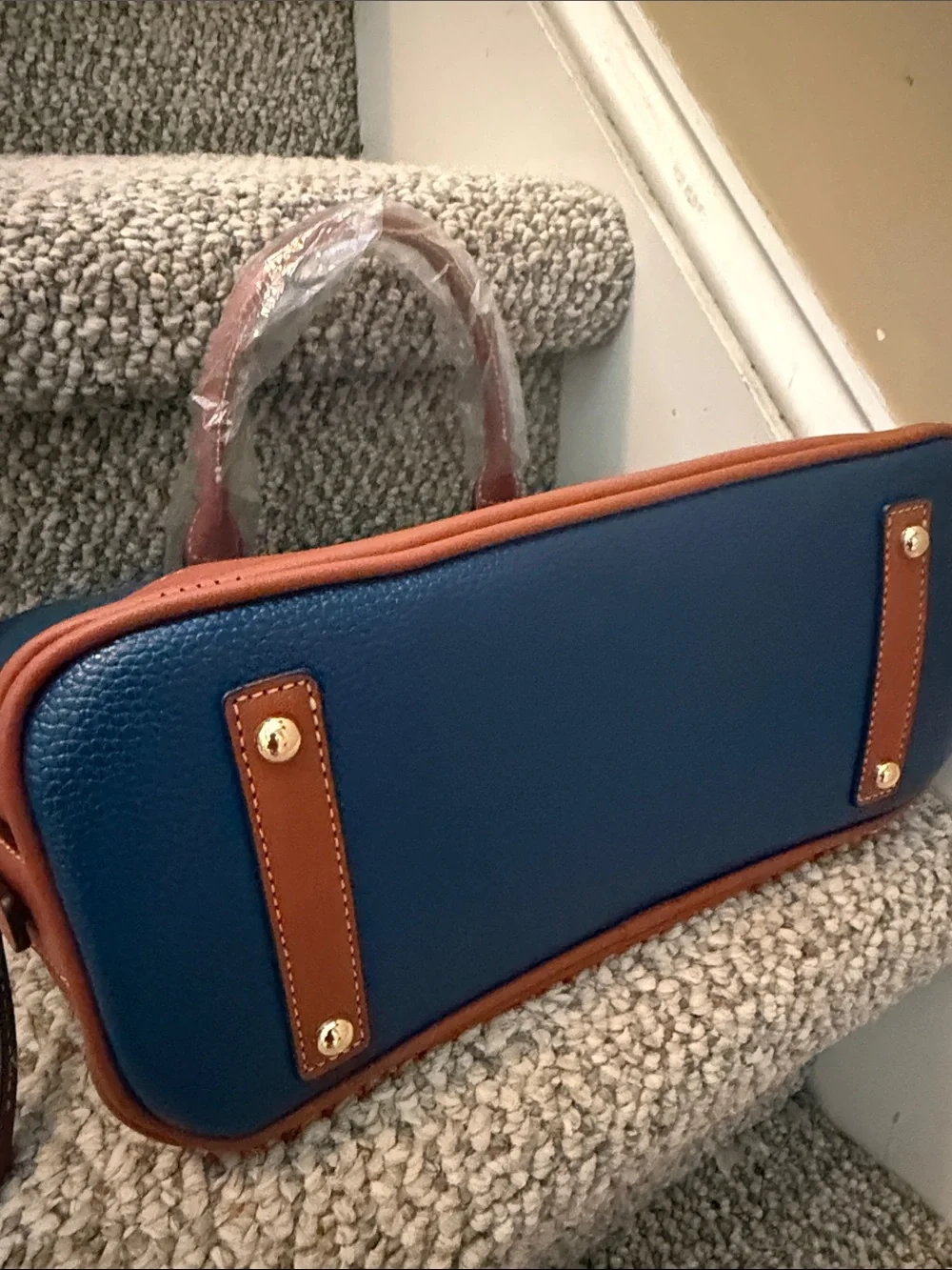 Navy and Tan Leather Satchel - Women Bags